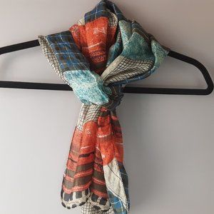 Vintage Silk Scarf | Oblong | Blue, Orange, Tan